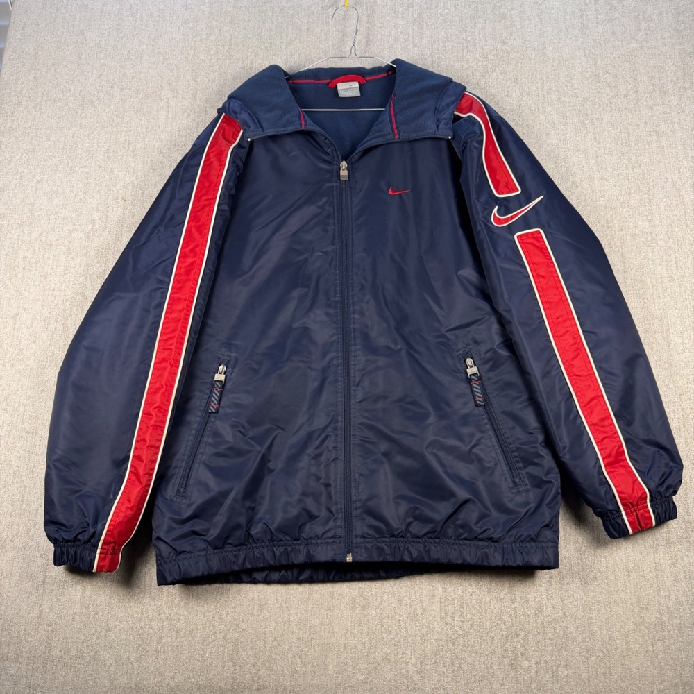 Nike Windbreaker Jacket Mens Size M Navy Blue Red Stripe Fleece Lined Hooded